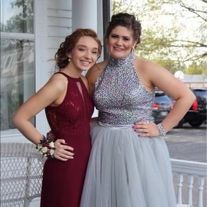 Maroon prom dress.